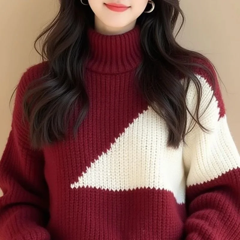Wine Red Contrasting Irregular Thick Thread Sweater For Women 2025 New Autumn And Winter European Heavy Industry Unique Chic Top