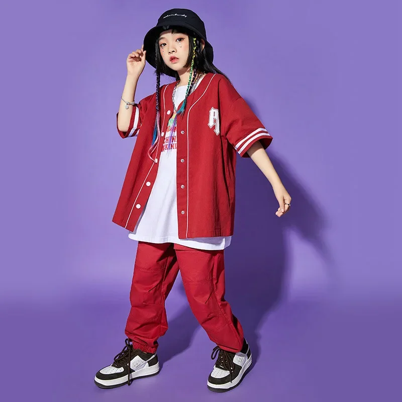 Celana kargo Jogger untuk anak perempuan laki-laki Jazz kostum tari pakaian anak Kpop Hip Hop anggur merah kardigan Baseball kemeja kasual Streetwear