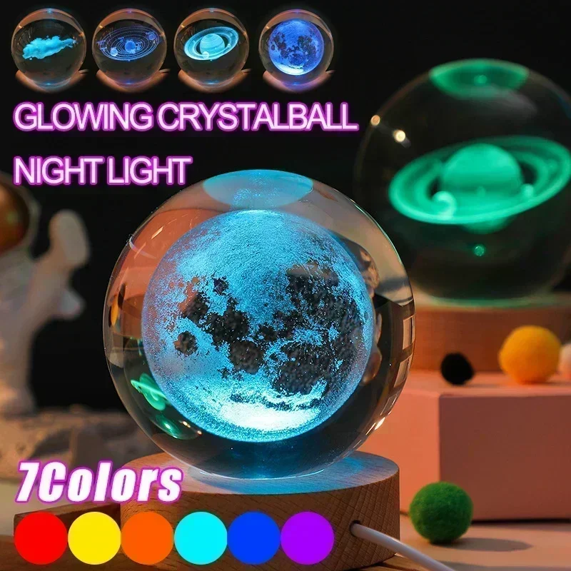 7colors Change Saturn 3D Crystal Ball Lights Lamp Galaxy Moon RGBColor Change Bedside Sleeping Light Home Decor Christmas Gift