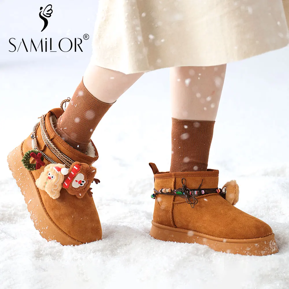 

DIY Womens Winter Boots with Plush Jewelry Bead String Suede Leather Material Boot Female Winters Uggs Snow Shoess New Year Gift