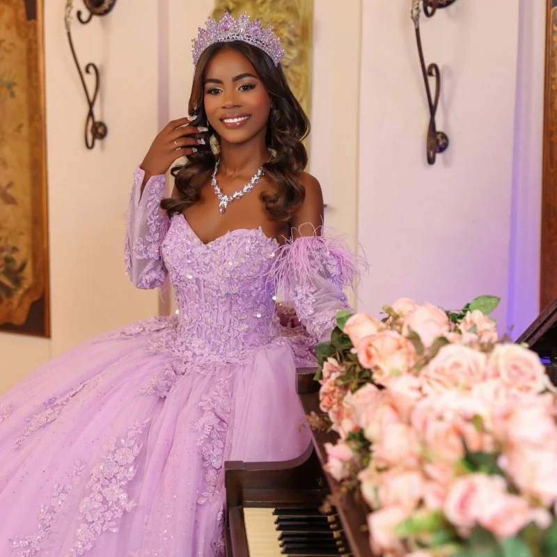 

Shiny Purple Quinceanera Dresses Off the Shoulder Lace Flower Decal Long tail Bow Vestidoe 15 Quinceanera Customize