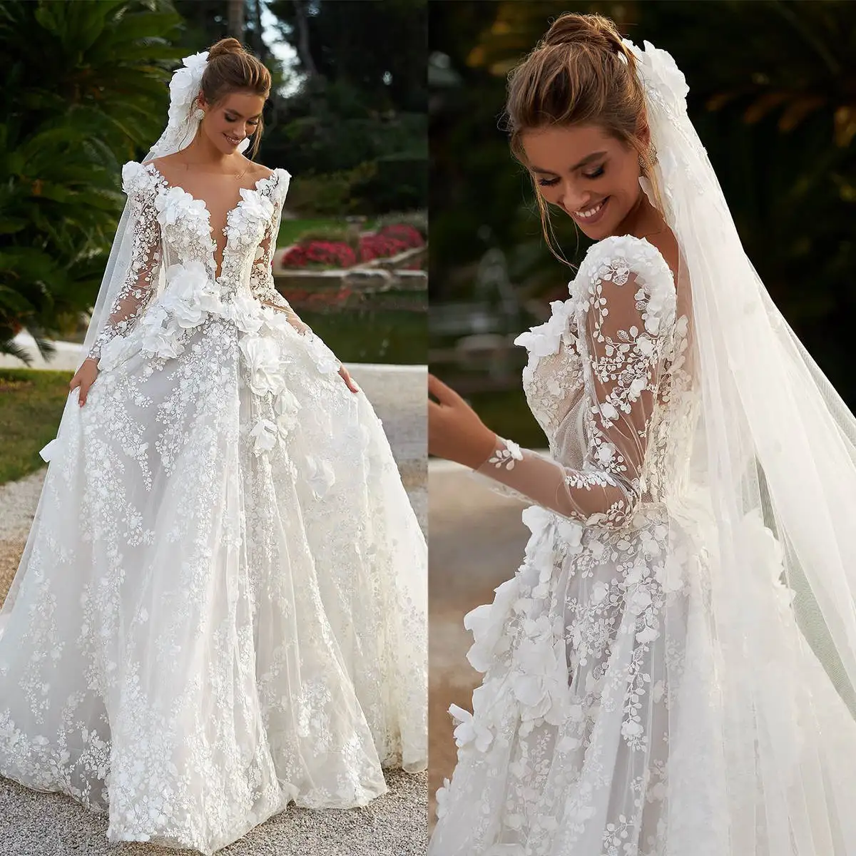 Romantic Wedding Dresses A-Line V-Neck Appliques 3D Flowers Long Sleeve Princess Bridal Gown Vestido de novia Custom Made