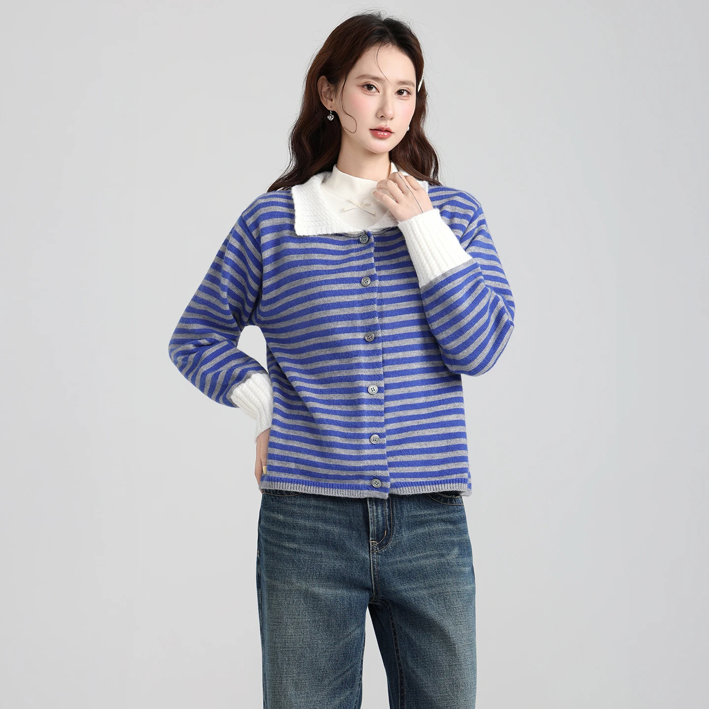 Color Blocking Striped Polo Collar Long Sleeved Knitted Cardigan for Women, Autumn Loose and Lazy Sweater Jacket