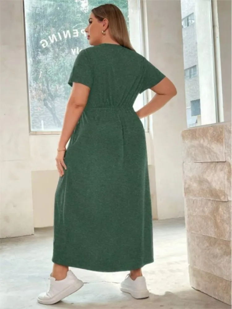 Plus Size Summer Short Sleeve A-Line Long Dress Women Slim Waist Fashion Ruffle Pleated Loose Ladies Dresses Casual Woman Dress