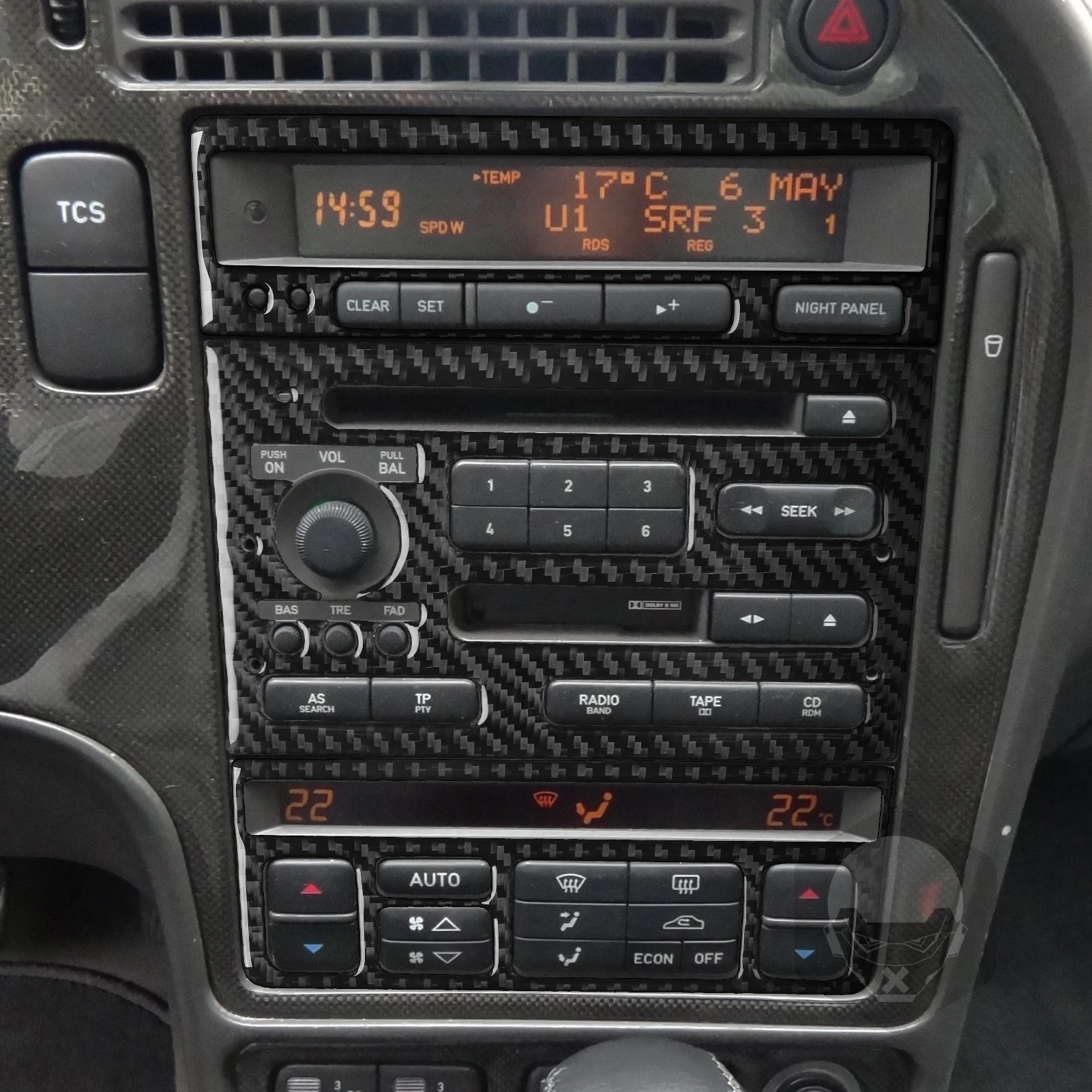 ل Saab 9-5 2003 2004 2005 ألياف الكربون تكييف الهواء المركزي التيار المتناوب راديو CD لوحة التحكم غطاء الكسوة اكسسوارات السيارات ملصق