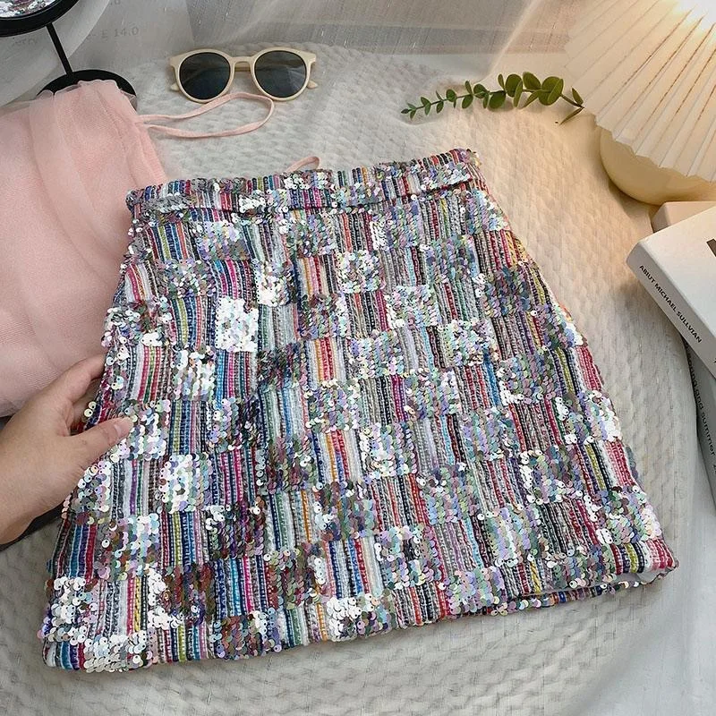 

Girls' Summer New Colorful Sequined Half Skirt 2026 Korean Version Elastic High Waist A-line Fashionable Kids Short Skirt