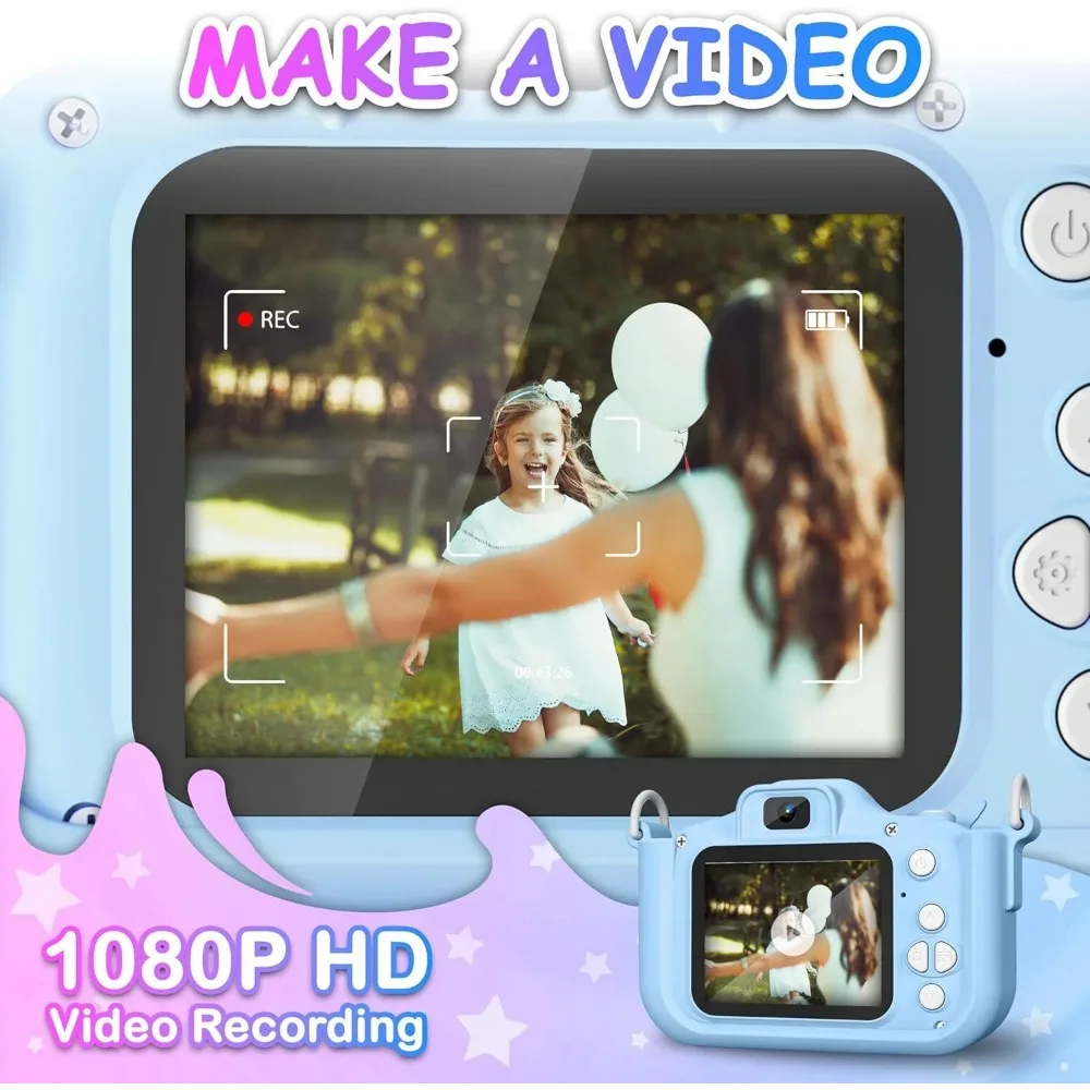 กล้อง1080P สำหรับเด็กผู้หญิงกล้องเซลฟี่ดิจิทัลแบบพกพาสำหรับเด็กวัยหัดเดินพร้อมการ์ด SD 64G และฝาปิดน่ารัก