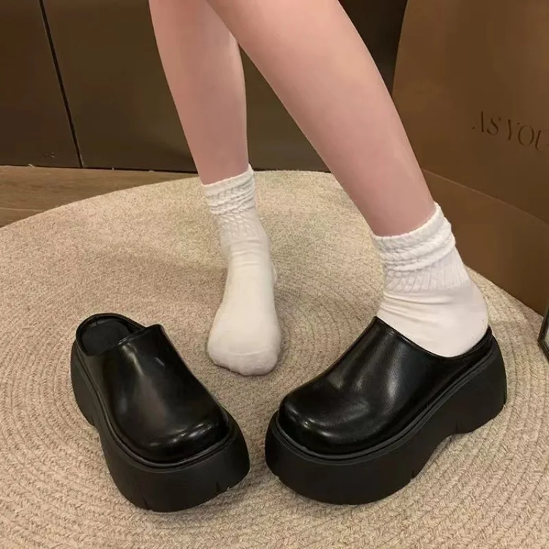 Summer Woman Baotou Half Slippers Women Fashion Square Toe Bow Mules Platform Casual Shoes British Style Patent Leather Slides