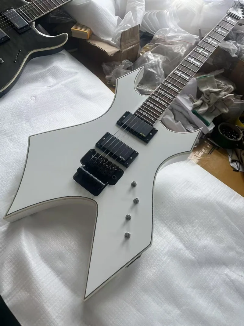 White 6-string special shape electric guitar,Rosewood fingerboard,Black hardware,Floyd rose bridge,Free delivery