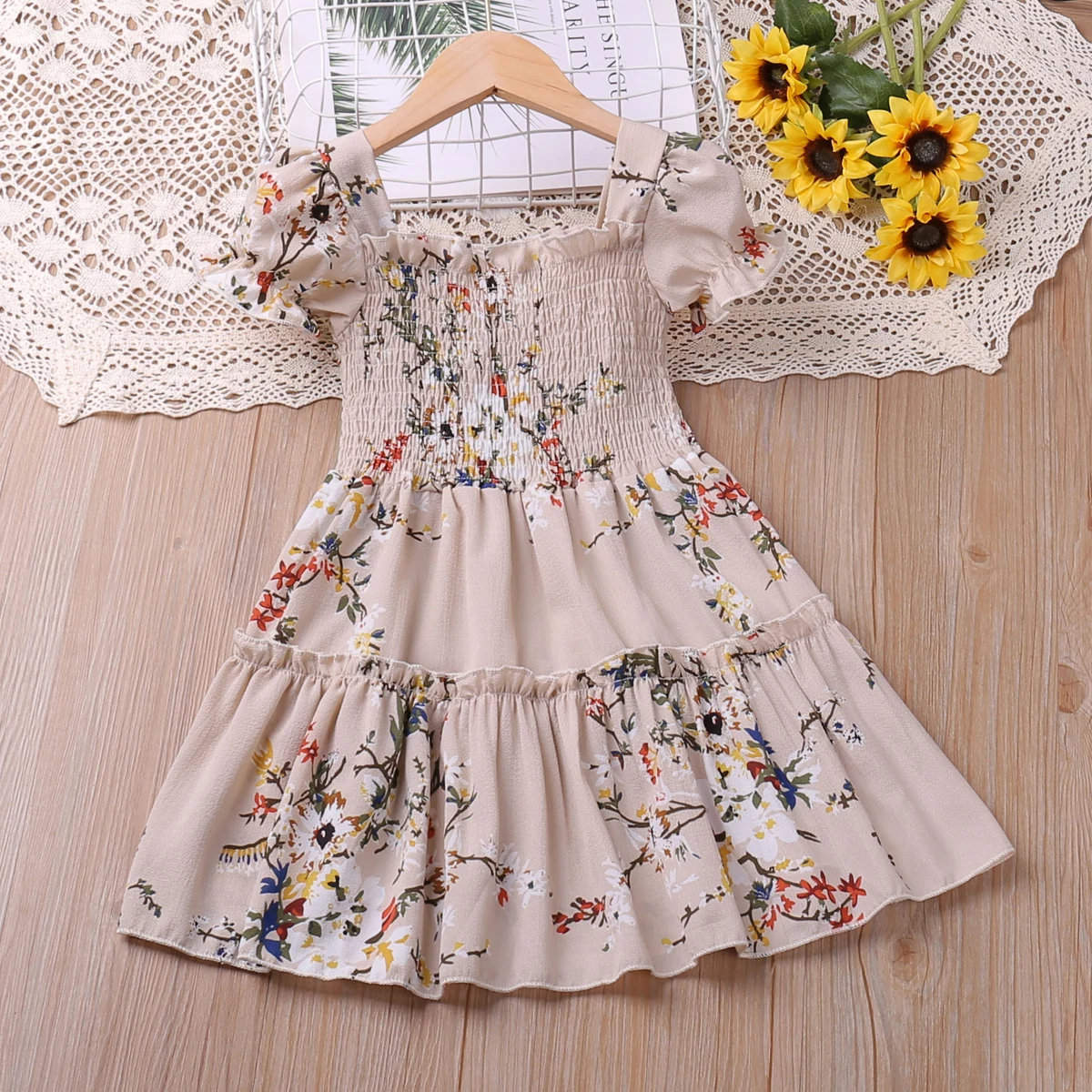 Humor Bear Girls Dress 2023 Summer New Puff-Sleeve Flower Printed Princess Dress Sweet Toddler Clothes For 2-6Y