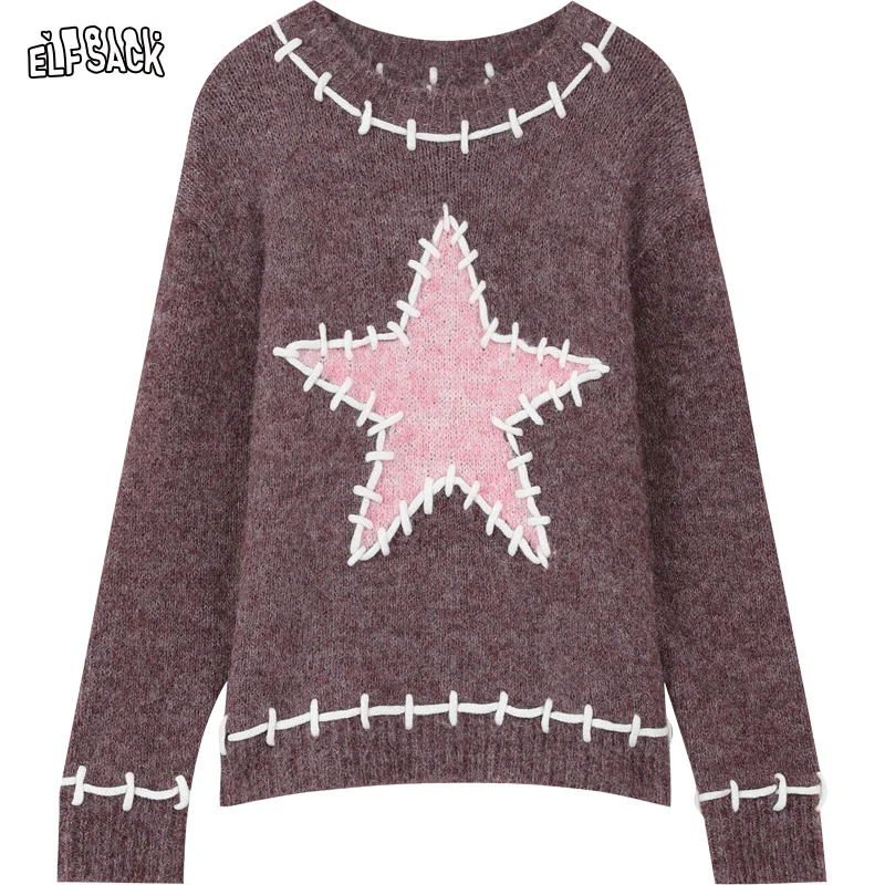 ELFSACK Kawaii Y2K Star Pullover Sweaters For Women Fall Plus Size Designer Tops