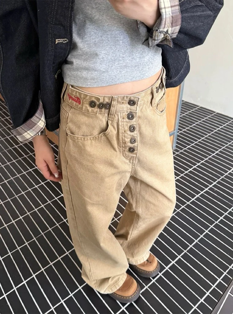 Y2K Straight Leg Jeans American Retro Workwear Unisex Adjustable Washable Loose Fit