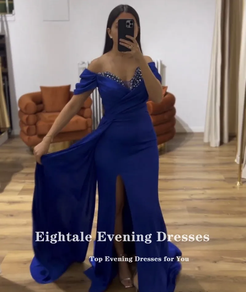 Eightale Royal Blue Evening Dress V-Neck Beaded Off the Shoulder Satin Customized Side Slit Prom Gown Wedding Party Dress