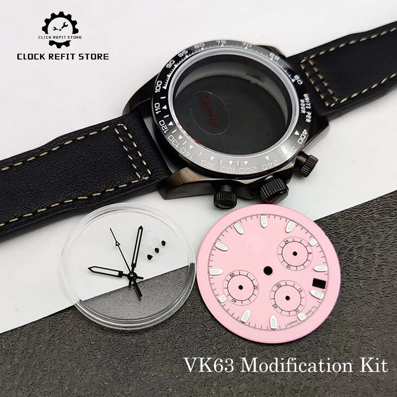40mm VK63 Chronograph Watch Case Set, Pink Luminous Dial Sapphire Crystal Solid Back 20mm Strap, Hot Sale DIY Mod Build