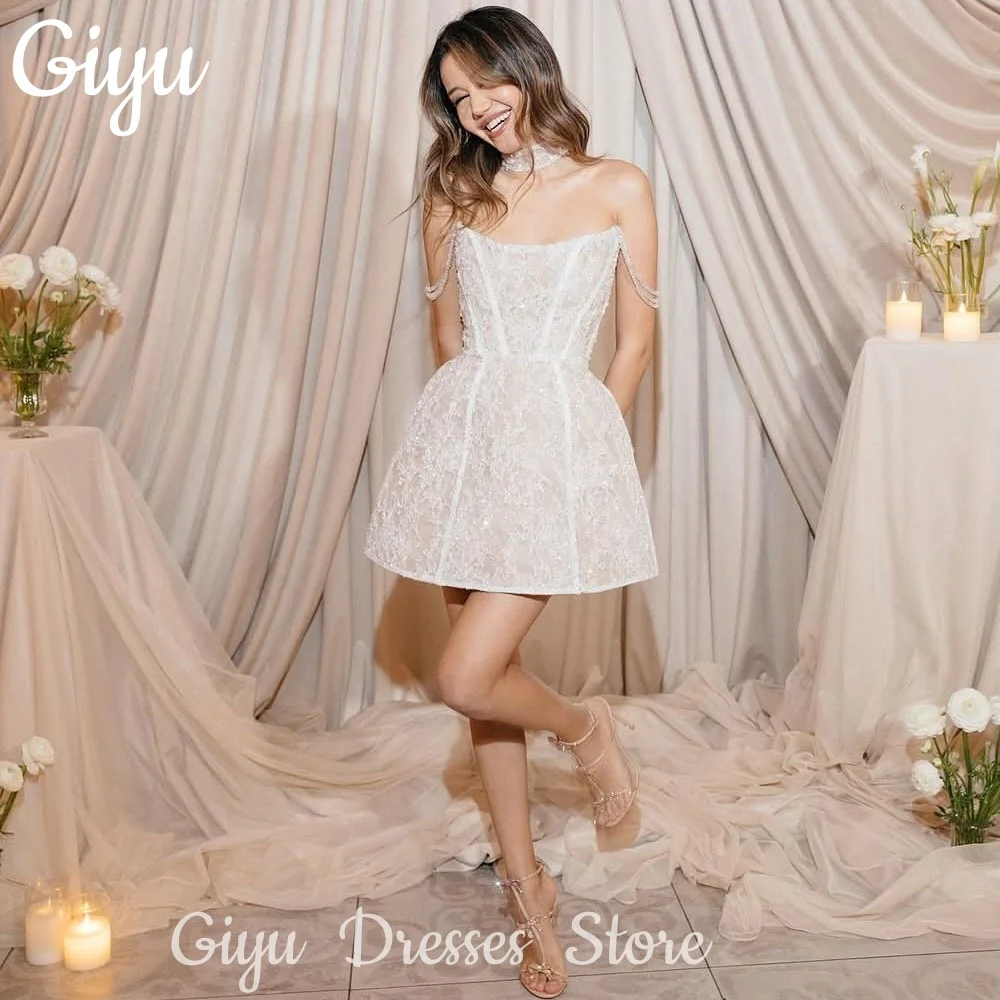 Giyu Modern Crystal Spaghetti Strap Pearl Embroidery Lace Short Wedding Dresses Shinny Bridal Gown Customised Vestidos De Novia