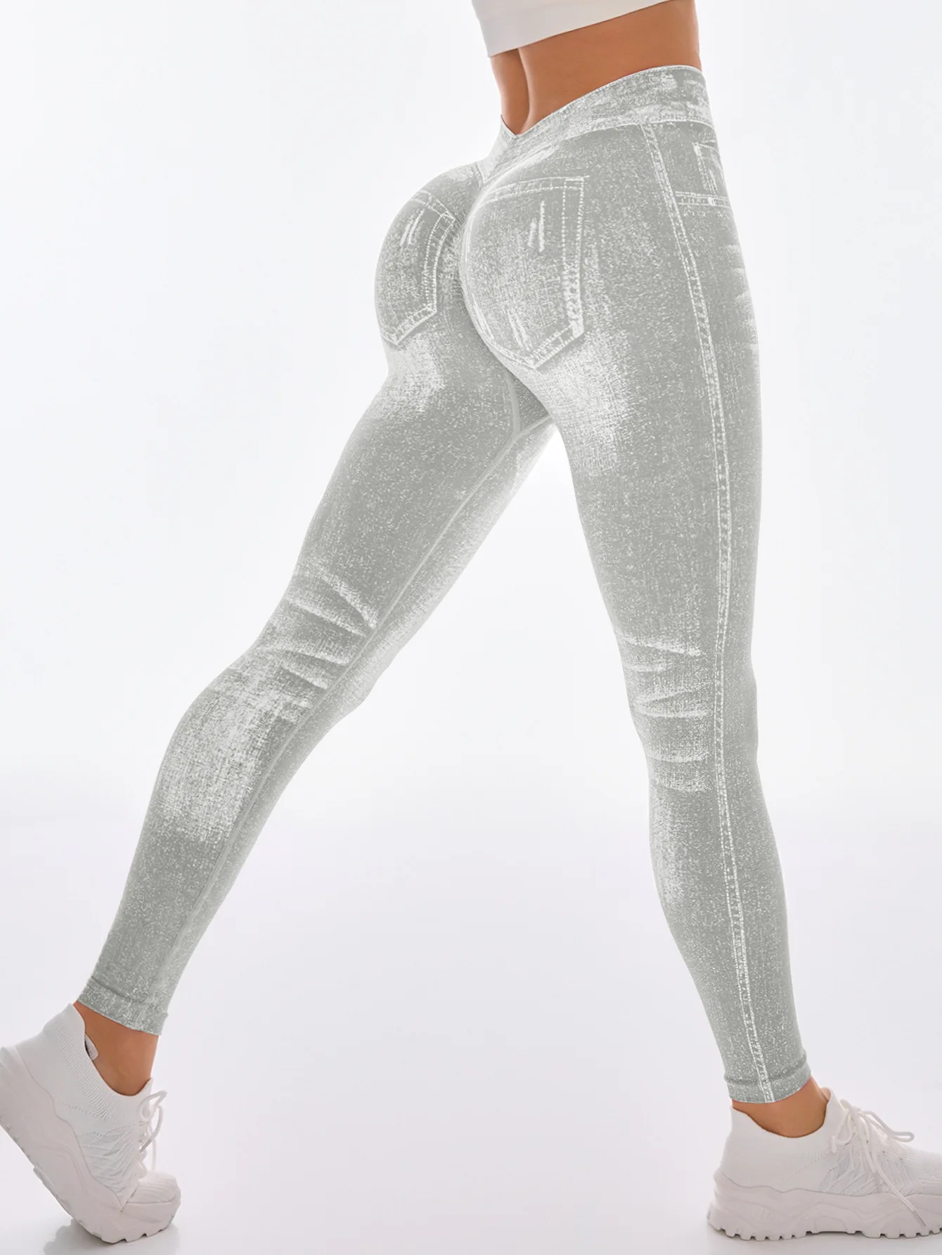 Damen Gym Bedruckte Yoga-Leggings Nahtlose Hochtaillierte Denim-ähnliche Perforierte Hosen mit Fake-Taschen Yoga Fitness Leggings – Detail 11