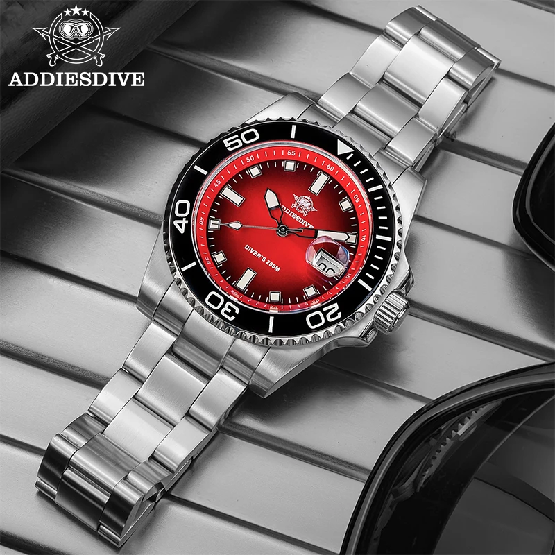 ADDIESDIVE Stainless Steel AD2089 Quartz Watch Red Dial Super Luminous Waterproof Diver Watches For Men Fashion NEW Reloj Hombre