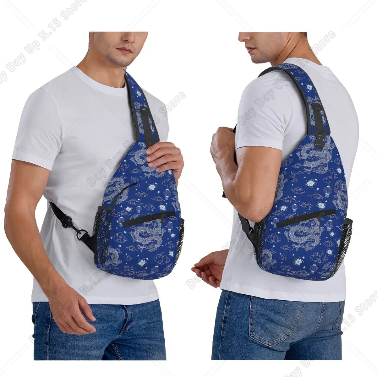 Chinese Dragon Chest Bag Men Sling Crossbody Backpack Chest Bag Travel Hiking Daypack Shoulder Bag
