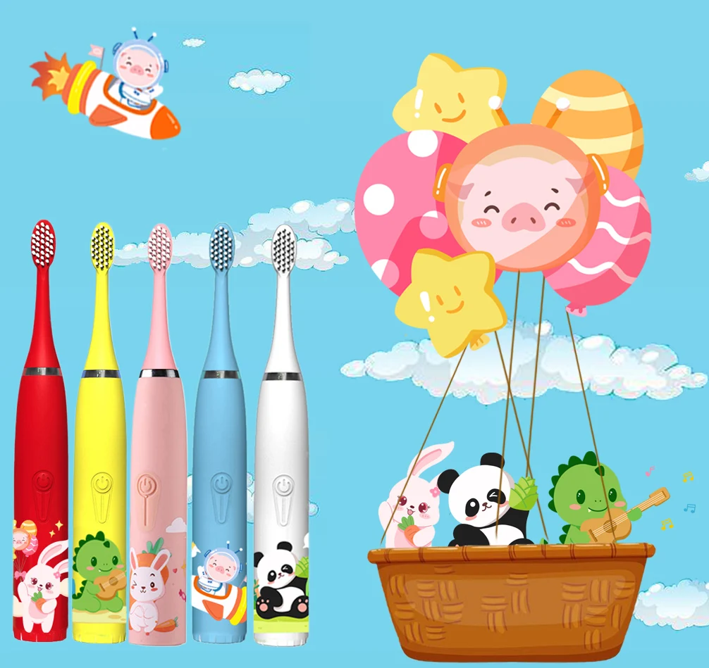 Children Sonic Electric Toothbrush IPX7 Waterproof With Replacement Heads Automatic Rechargeable Colorful Cartoon Brush For Kids