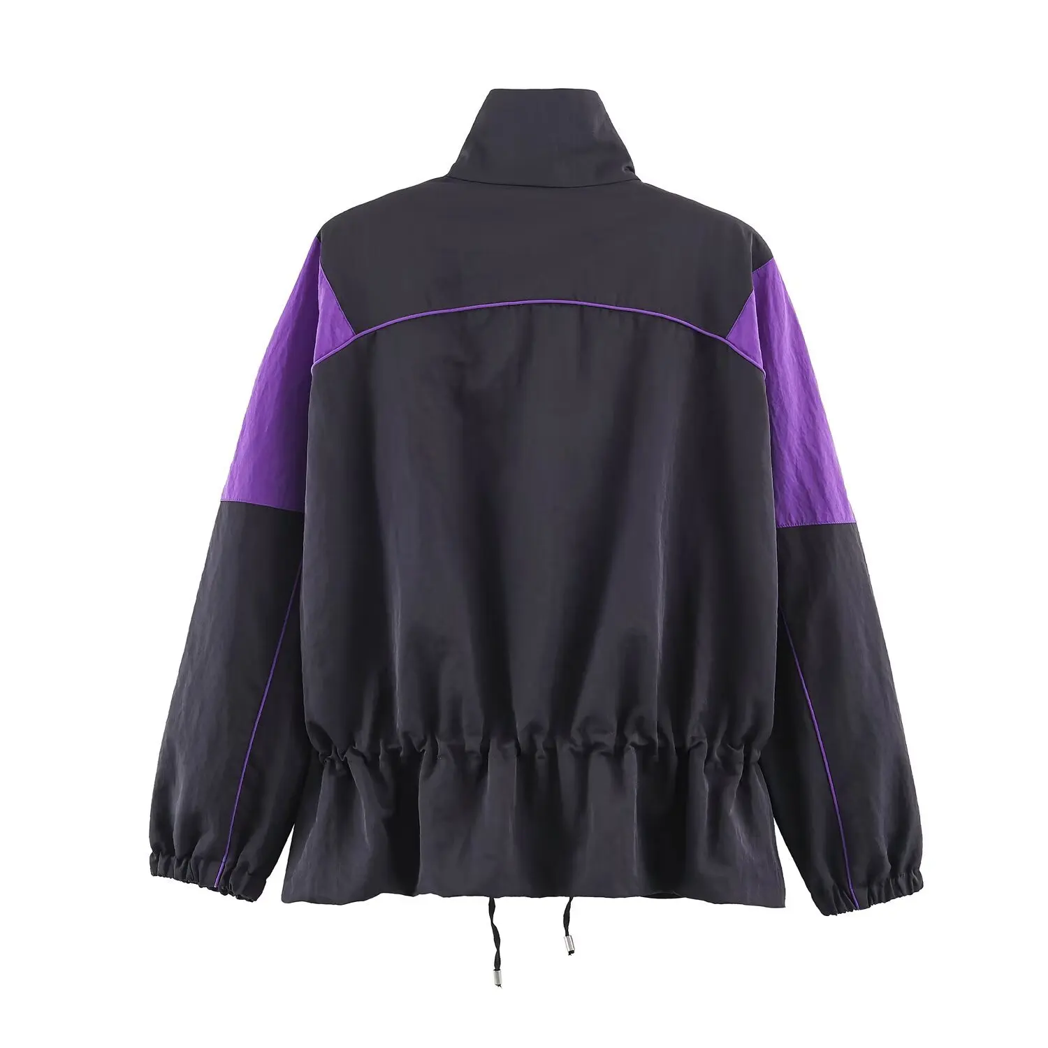 Autumn Winter Women Contrast Color Black Zip Up High Collar Pad Shoulder Jacket Casual Drawsting Low Waist Coat Outdoor Outwear
