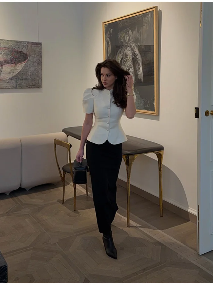 Women's Elegant Puff Sleeve Blouse Stand Collar Single-breasted Fitted Peplum Top Female Office Formal Occasions Cozy Clothes