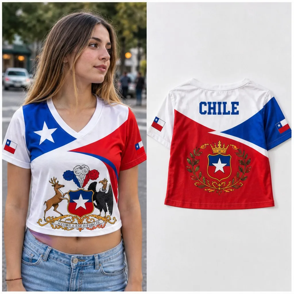 Women Chile V Neck Crop Top Flag Star Crest Laurel Print Short Sleeve Summer Casual Streetwear Fashion Tee for Holiday Look Wear