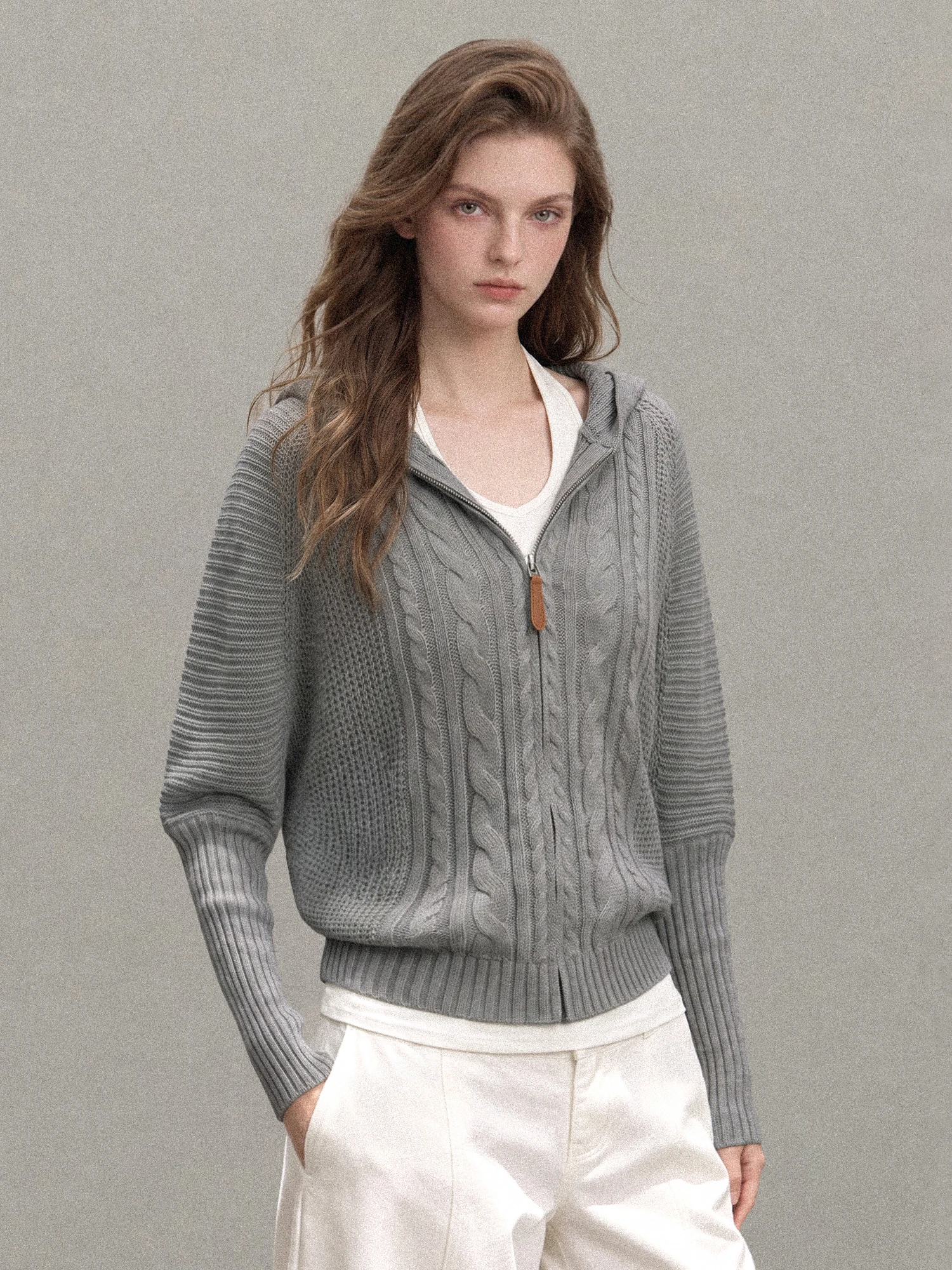 Gray Zipper Hooded Batwing Sleeve Knitted Open Cardigan Women's Loose Lazy Style Twist Sweater Jacket Top Winter Fashion