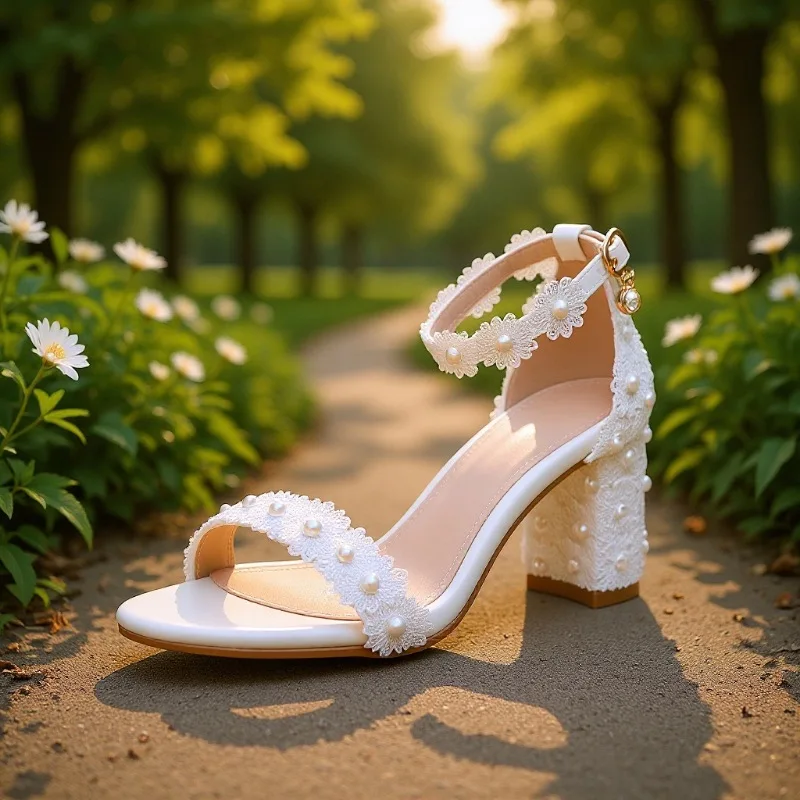 

7Cm thick heel light mouth word with beaded square heel sandals white lace bridal wedding shoes thick heel sandals