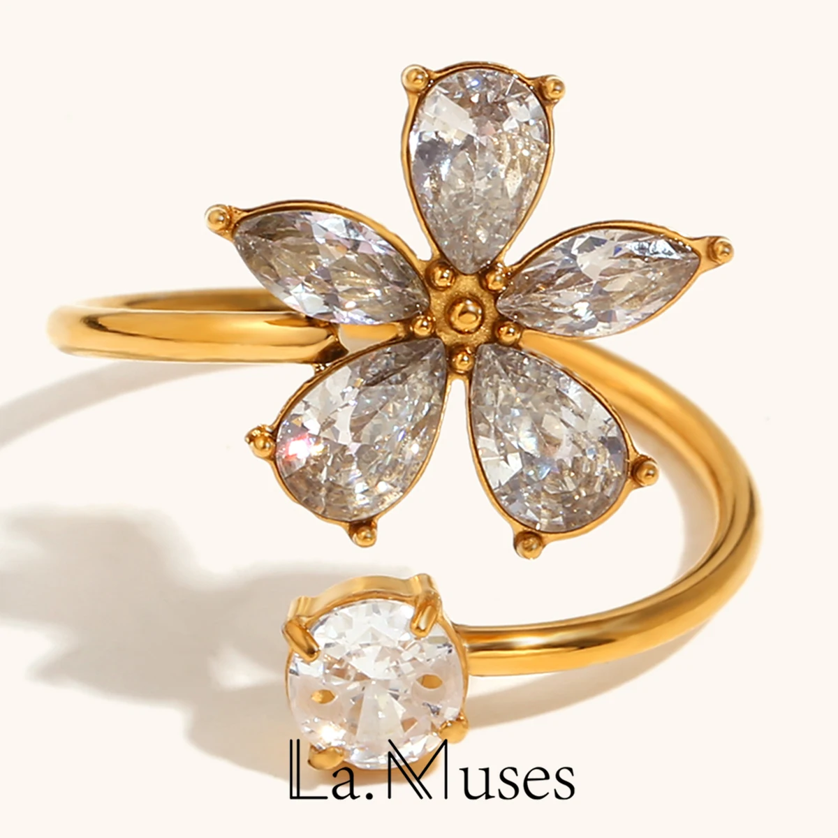 La. Muses Luxury Sparkling Cubic Zirconia Flower Stainless steel Women's Open Ring High-end Waterproof Jewelry Gifts