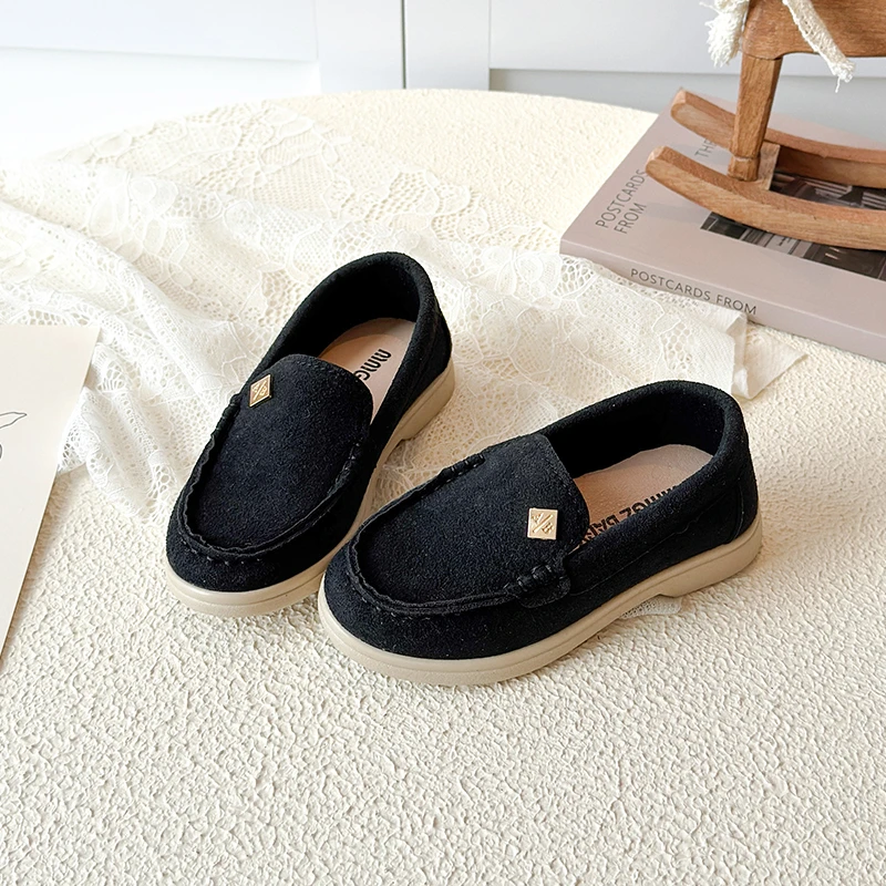 

Модные кожаные туфли унисекс для мальчиков и девочек, весенние детские лоферы из замши, минималистичные, универсальные, нескользящие, однотонные, детская обувь