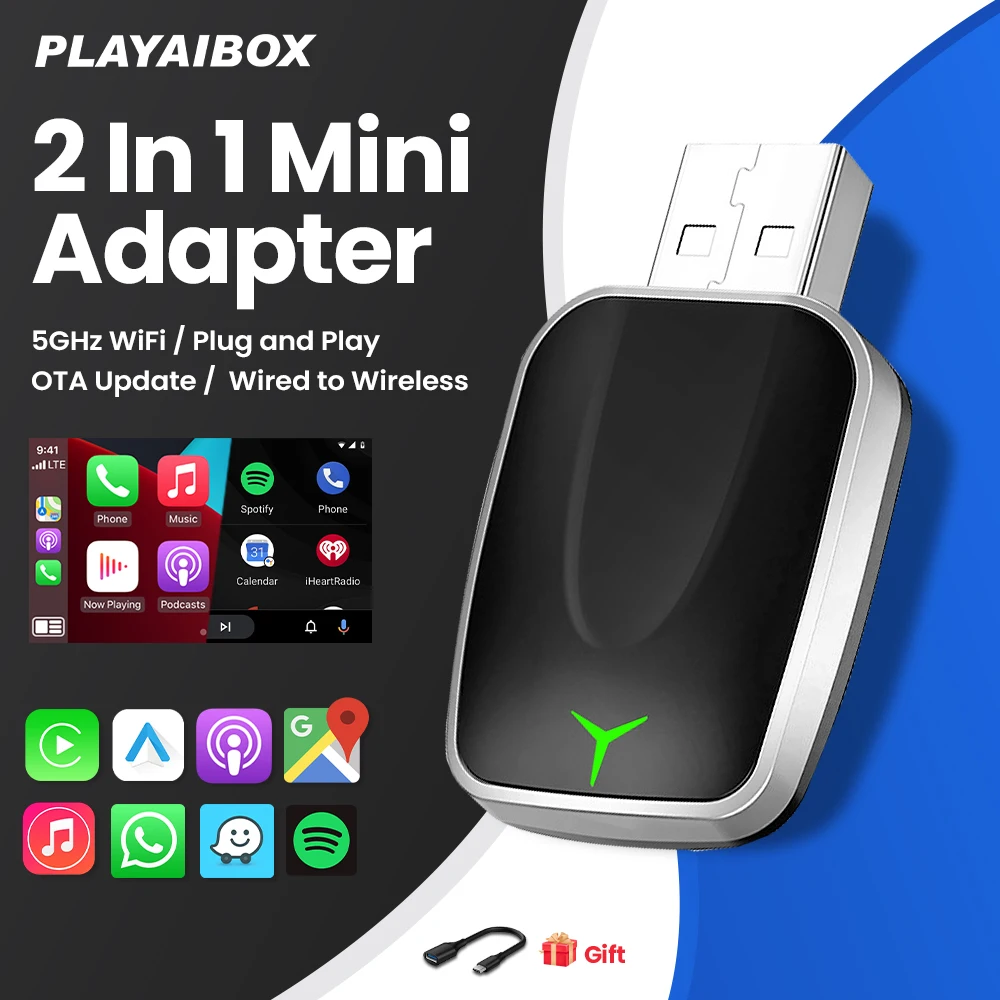 

PLAYAIBOX Wireless CarPlay Dongle Android Auto Wireless 2In1 Smart Adapter Bluetooth Plug and Play Auto Connection OTA Update