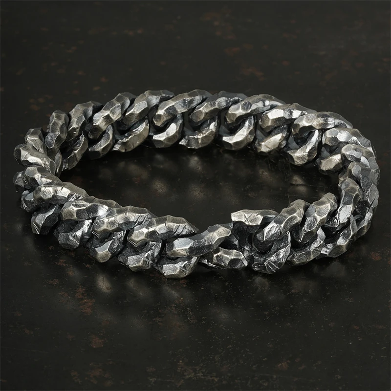 ZABRA Handmade S925 Sterling Silver Invisible Buckle Hammer Bracelet, Rough and Simple Men's Bracelet