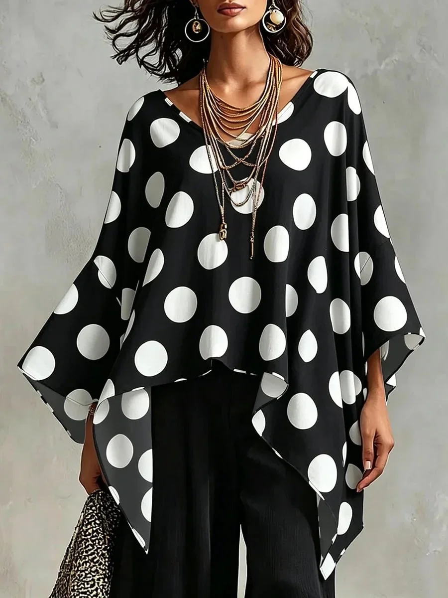 Women's Vintage Polka Dot Printed Loose Chiffon Blouse 2026 Summer Fashion Streetwear Women's V-Neck Three-Quarter Sleeve Shirts