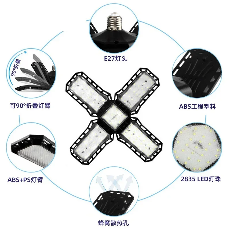 LED bulb folding ABS garage lights four-leaf Transformer 95-265V high power 100W lighting underground industry workshop light