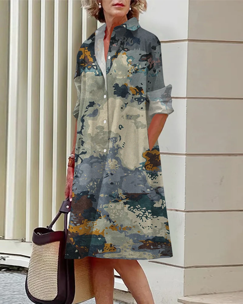 Langarm-Hemdkleid für Damen, Render-Musterdruck, eleganter, knielanger Rock mit Revers, stilvoll, atmungsaktiv, bequem, Frühling/Sommer