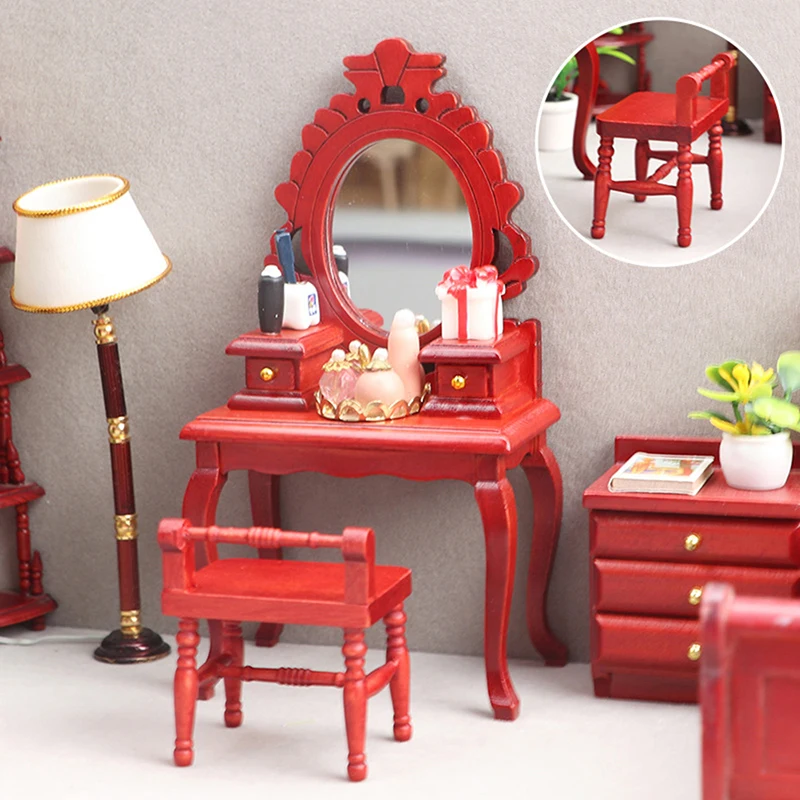 

1:12 Dollhouse Miniature Wooden Furniture Makeup Dressing Table With Stool Scene Toy Doll House Decor Dollhouse Accessories