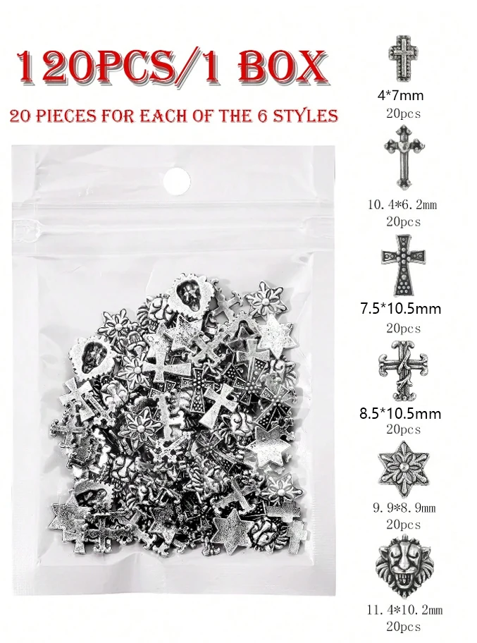 

Древнее серебро, 120 шт., металлический крестик для дизайна ногтей в стиле панк, Y2k, металлический ретро-стиль, крест для ногтей, готический темный стиль, драгоценные камни для ногтей