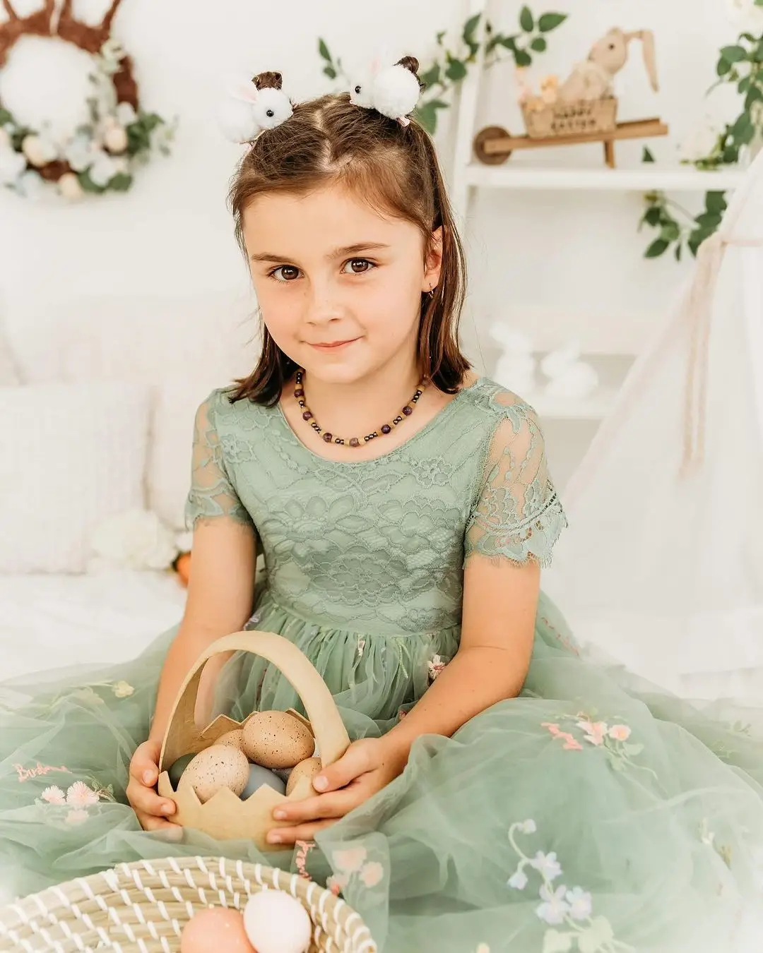FATAPAESE FLORAL EMBROIDERED TULLE LACE GIRL DRESS IN SAGE Scalloped Edges Tulle Skirt Junior Bridesmaid Gown