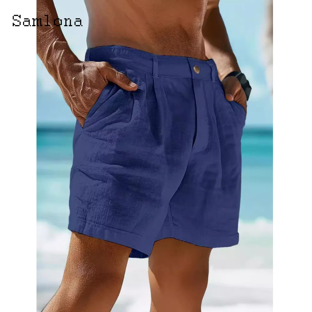 Mens Vintage Stand Pocket Cotton Linen Shorts 2024 European Style Casual Beach Short Pants Solid White Khaki Button Fly Hotpants