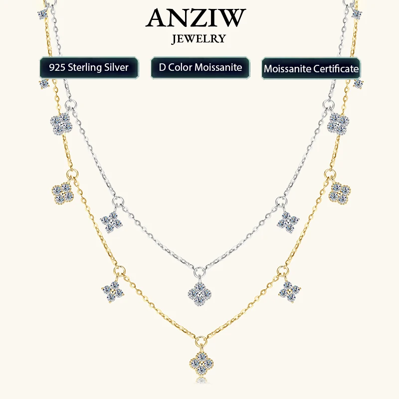 

Anziw 2mm Moissanite Pendant Necklace for Women 925 Silver Four Clover Flower Clavicle Necklaces Charm Valentine Gift 2025 Trend