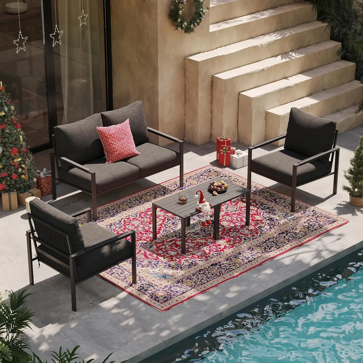 

Металлический комплект мебели для патио, 5-элементный современный набор для террасы с диваном и кофейными столиками, уличная мебель для сада, на заказ