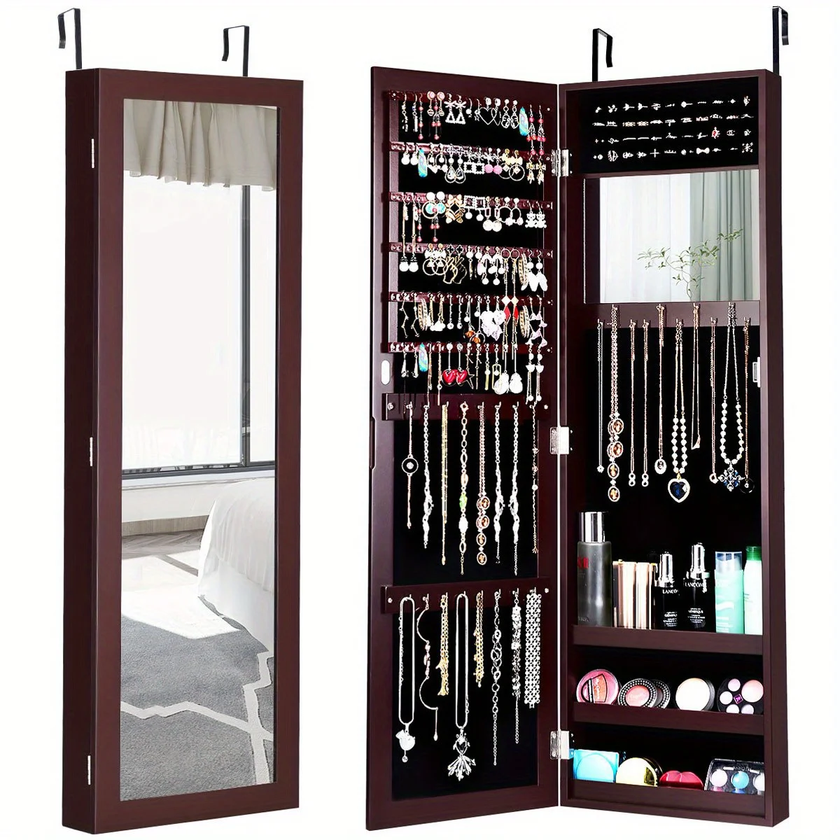 

Elegant Brown Mirrored Jewelry Cabinet Armoire - Space-Saving Wall/Door Mounted Organizer with Full-Length Mirror