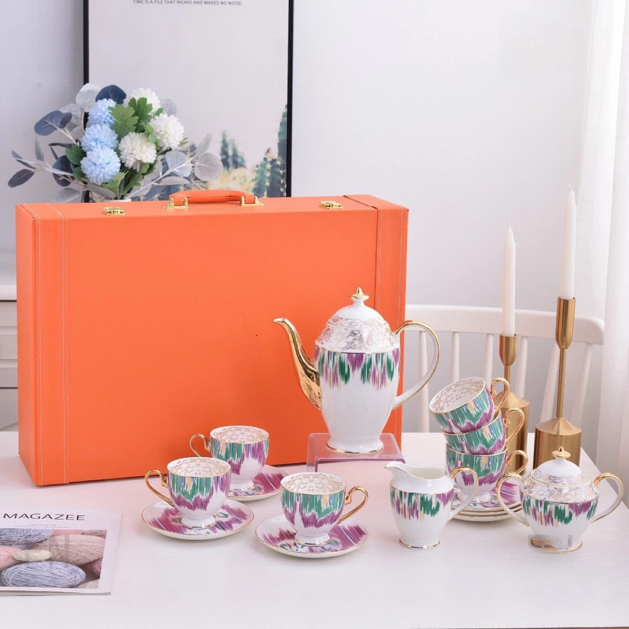 Collection 15-piece ceramic coffee cup  china with orange box, suitable for family festivals and weddings