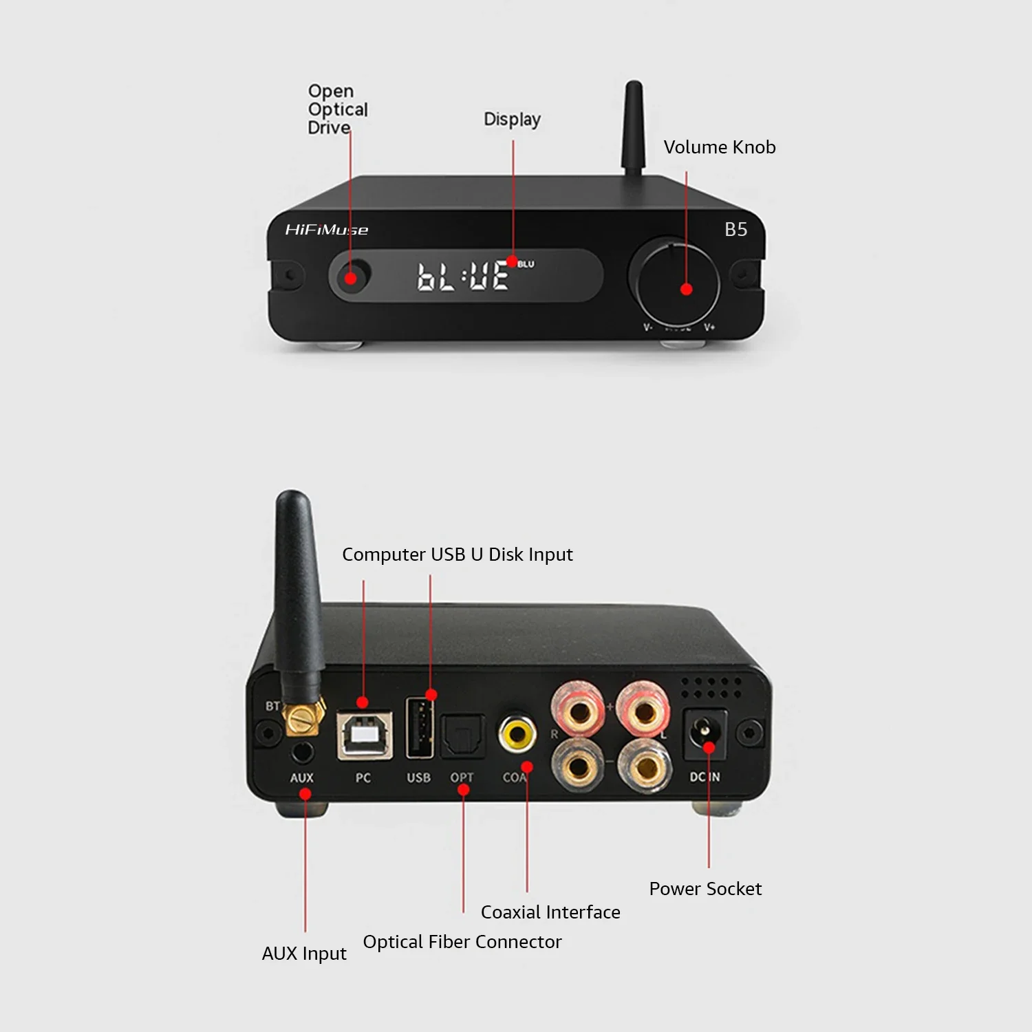 

HiFiMuse B5 Audiophile U disk Class D digital amplifier home bluetooth high power amplifier