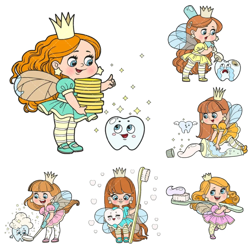

New DesignsTooth Fairy Heat Transfer Stickers Iron On Clothes Bags DTF Vinyl Thermal Appliques Washable DIY Patches