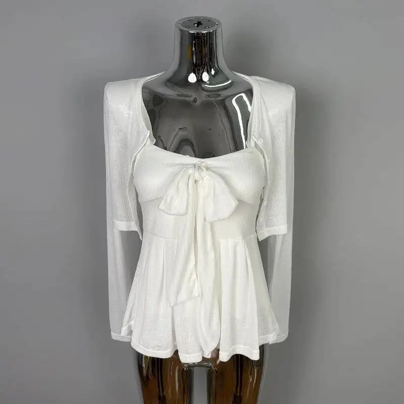 الكورية أنيقة ضئيلة مثير الرغبة النقية Bowknot حزام سترة قطعتين مجموعة أعلى للنساء التي شيرت تيز أزياء المرأة X1MY #6