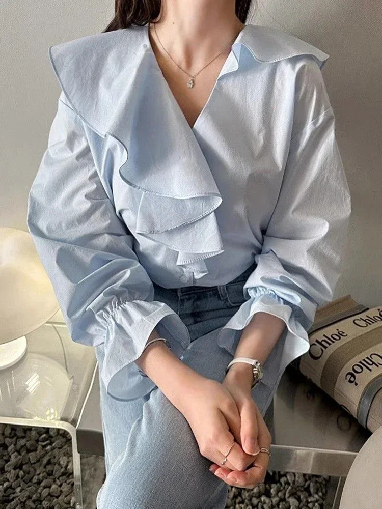Elegant Sweet Ruffles Korean Camisas Mujer Design V Neck Blouse Fashion Long Sleeve Spring Preppy Style Female Shirts Top Kawaii