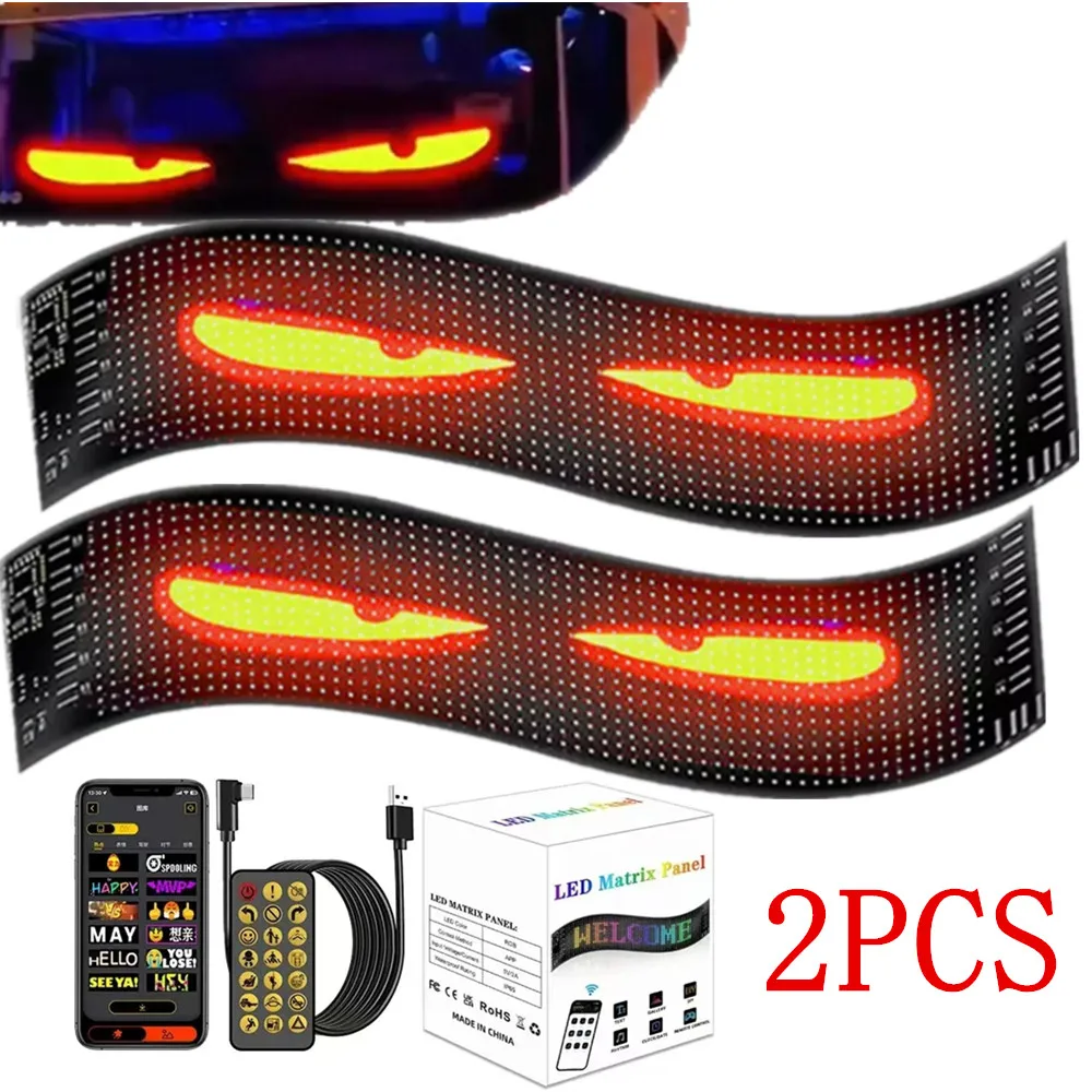 2PCS LED Moving Demon Eyes Light for Windshield Soft Foldable Remote Control App Window Devil Dynamic Eye Lights LED Screen