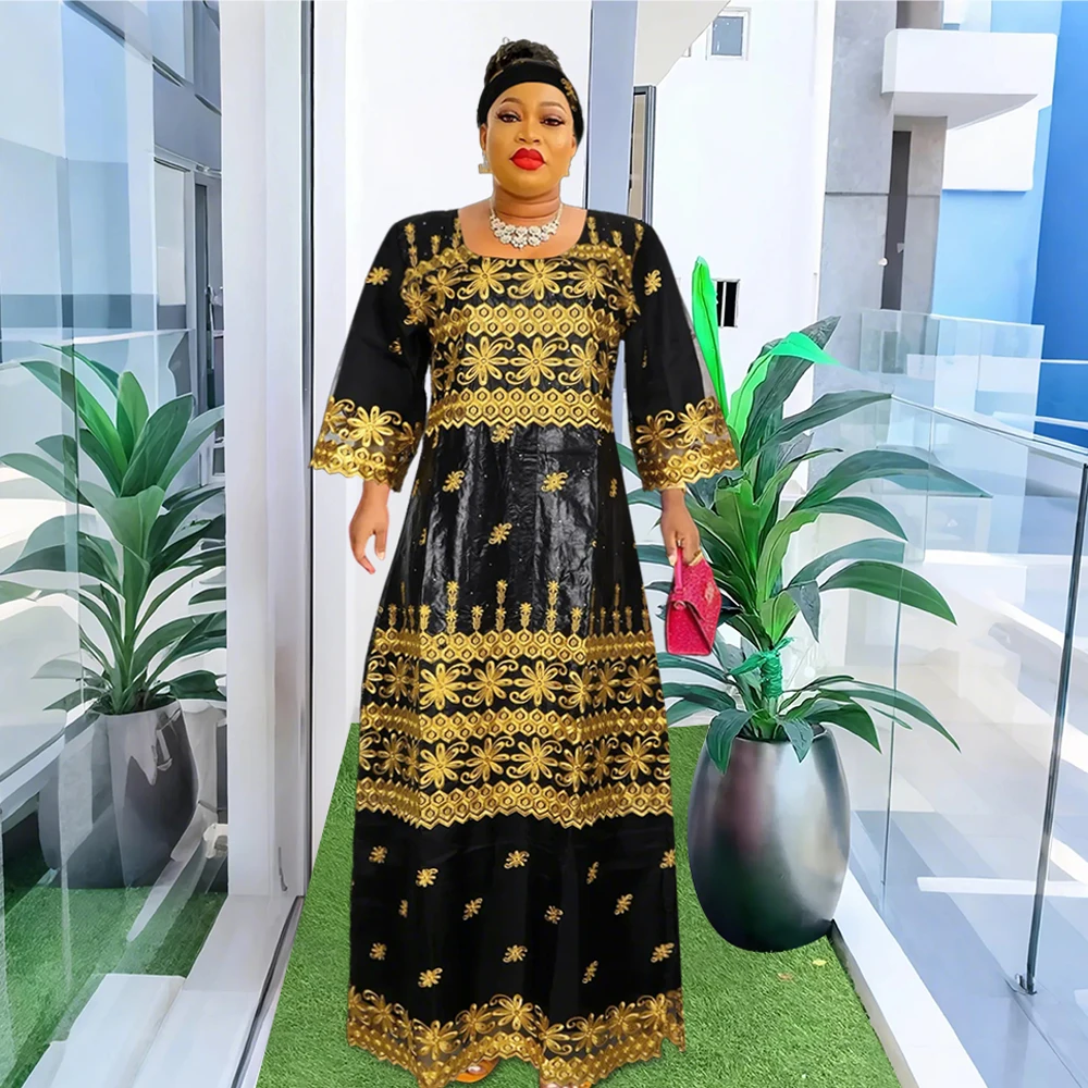 H&D Women Traditional African Dresses Bazin High Quality Embroidery Dresses Blue Traditional Dress for Wedding Party Occasions