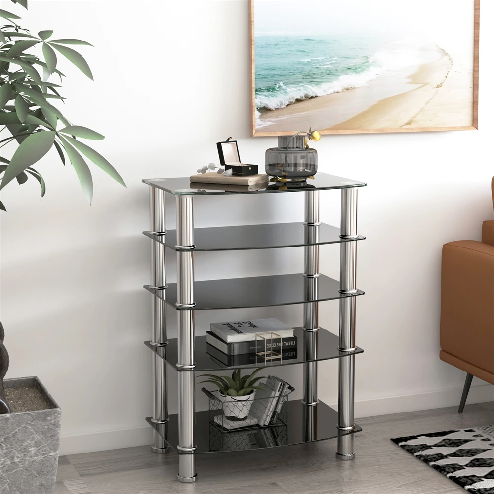 Display Stand 5-Tier Tempered Glass Side Table Stainless Steel Frame End Table for Living Room, Bedroom, Black Visualizer